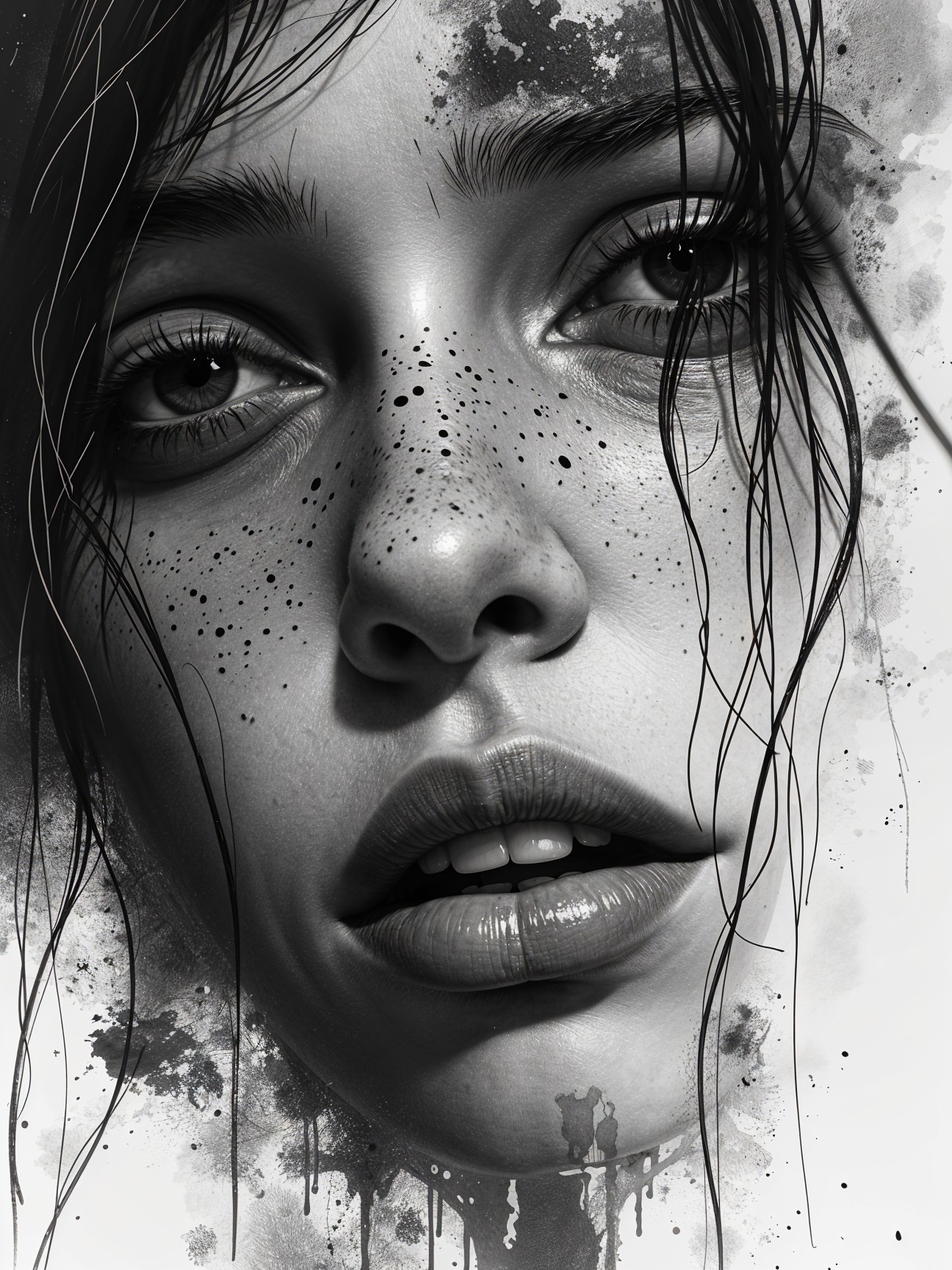 Close-Up of a Woman's Face with Freckles and Hair