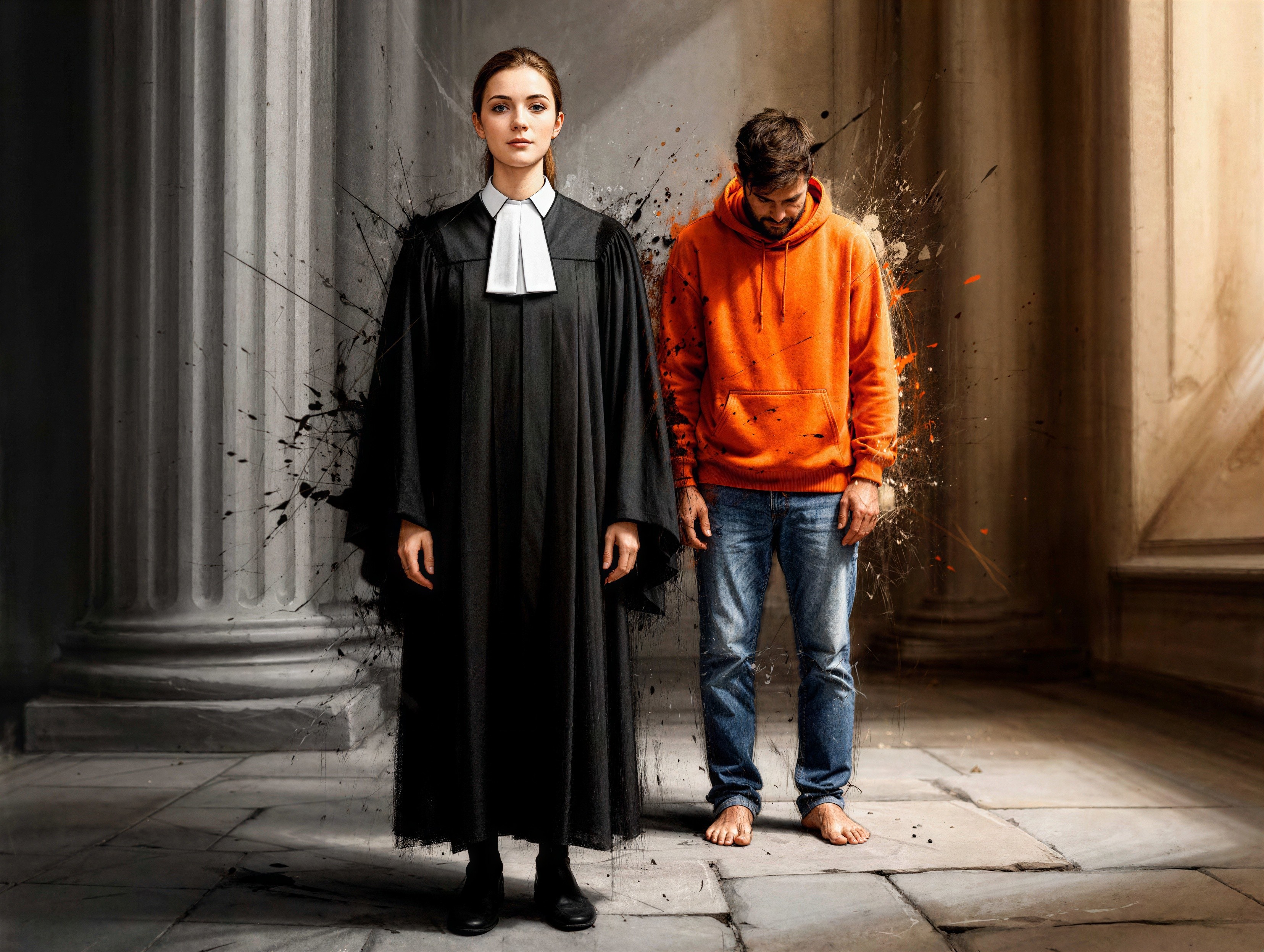 Courtroom Scene with Young Lawyer and Man in Hoodie