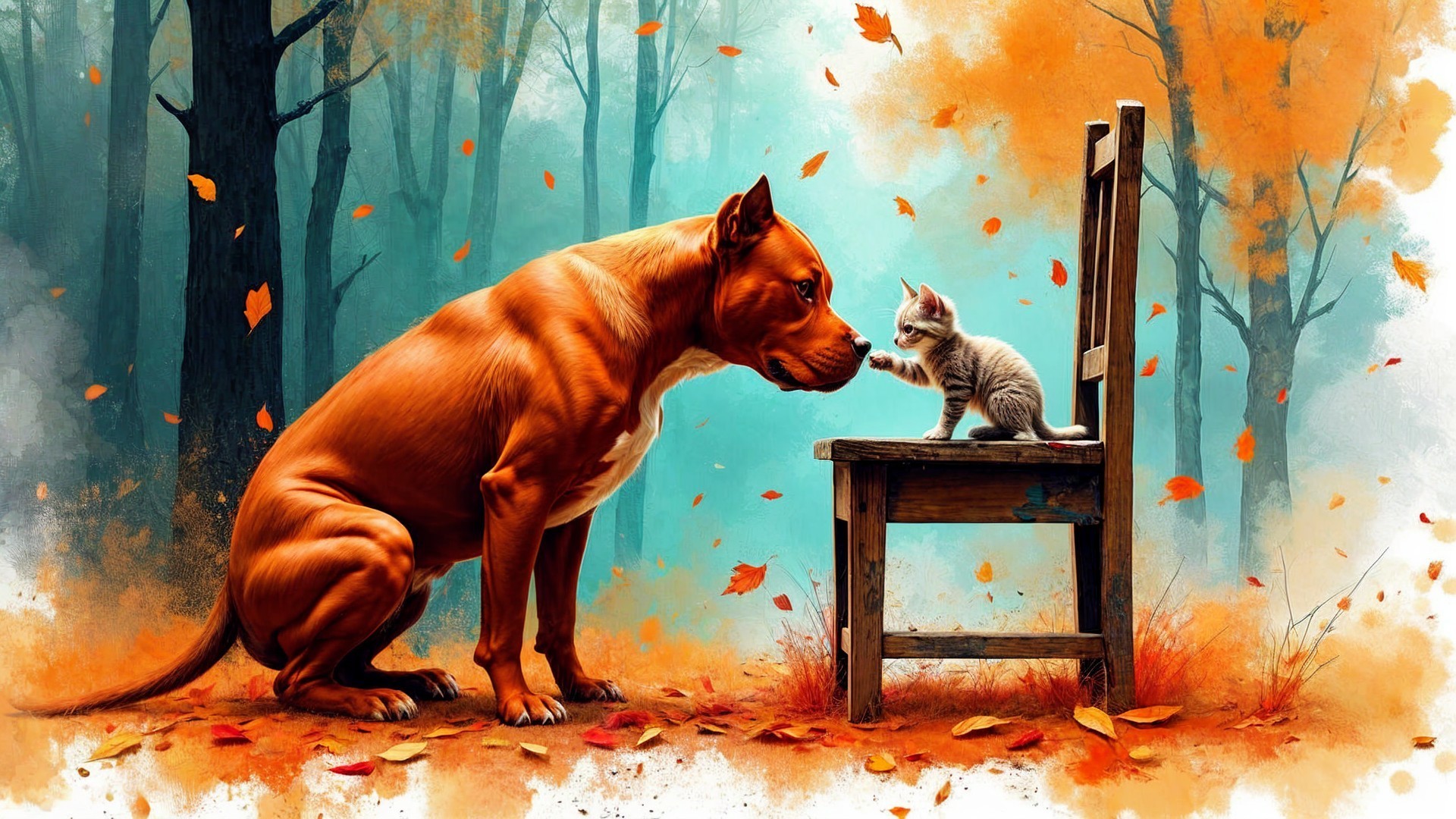 Autumn Scene with Dog and Kitten Among Falling Leaves