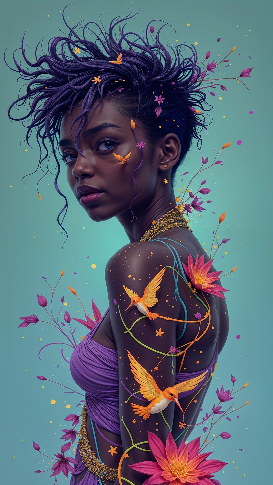 Portrait of a Woman with Purple Hair and Floral Motifs