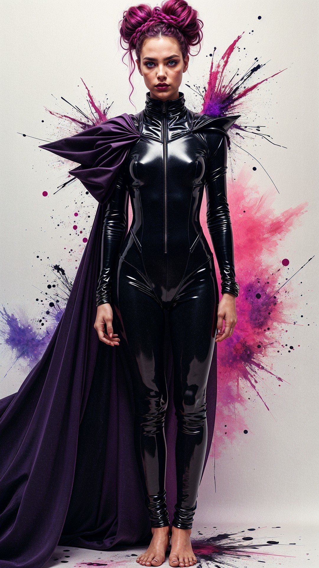 Confident Figure in Black Latex Suit and Purple Cape