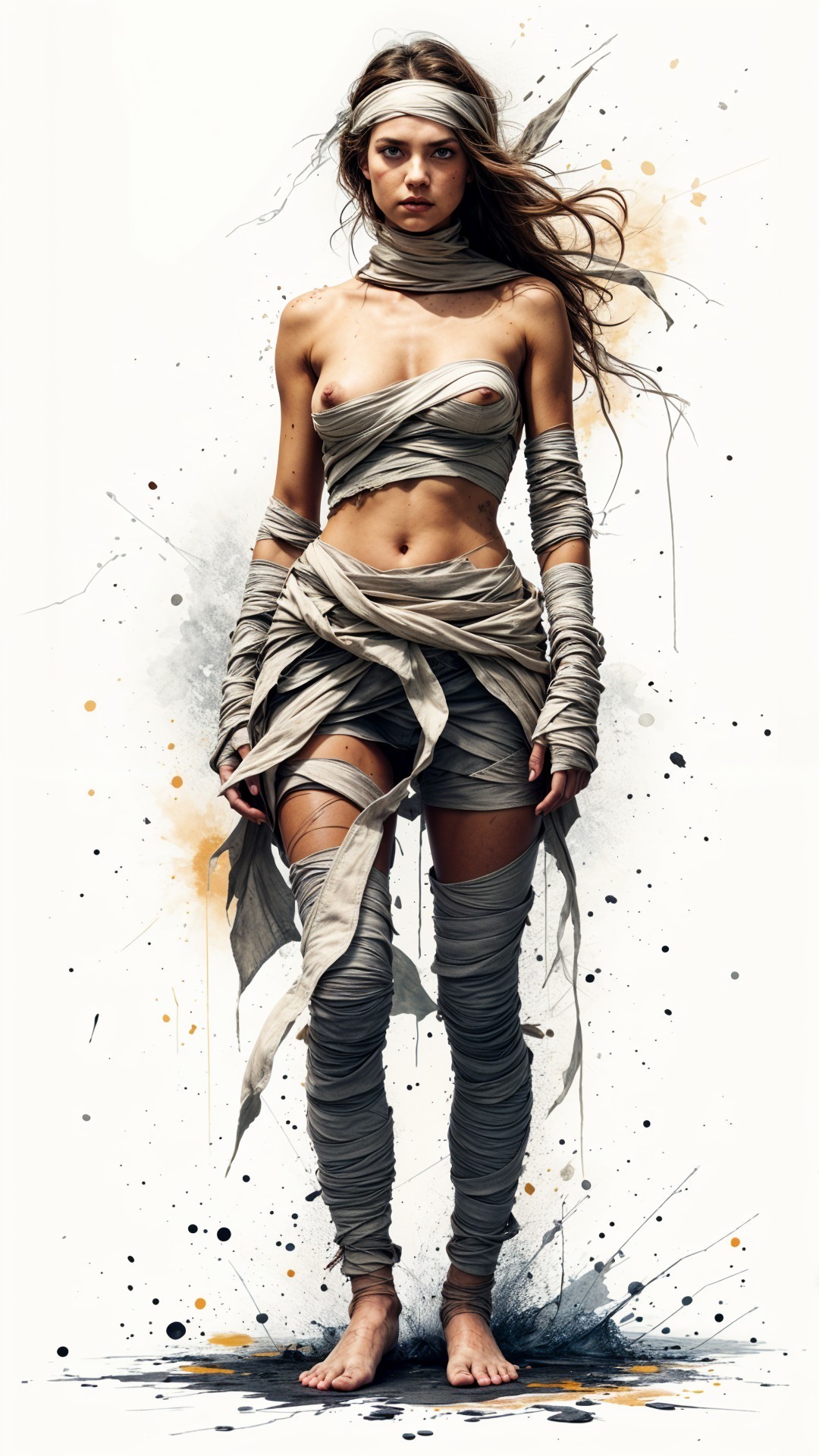 Elegant figure in flowing fabric with abstract background