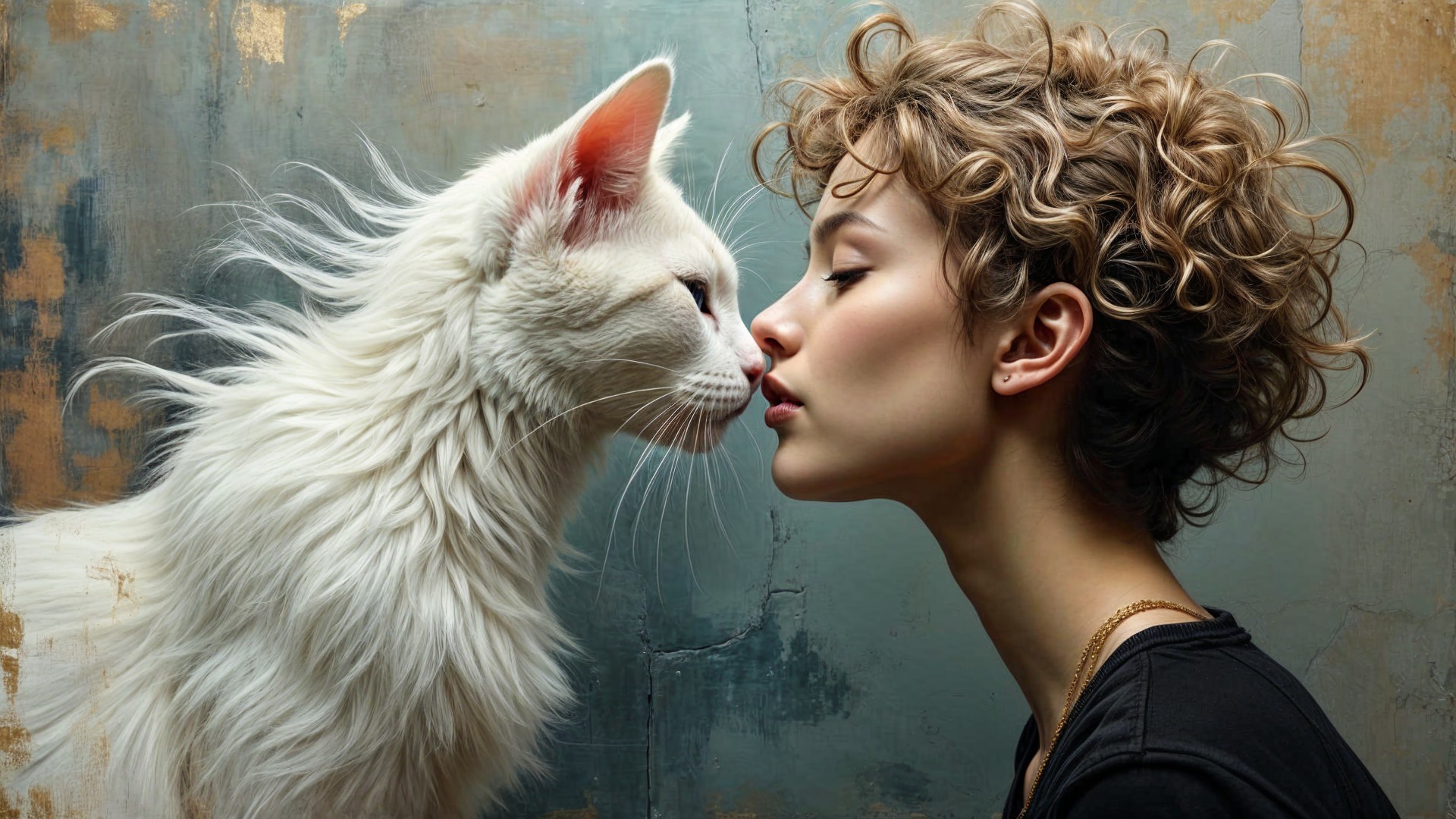 Young Woman and Fluffy White Cat in Serene Moment