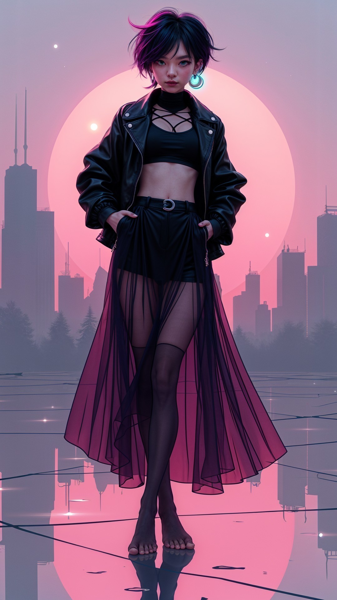 Stylized Character Against Vibrant Pink Sunset Skyline