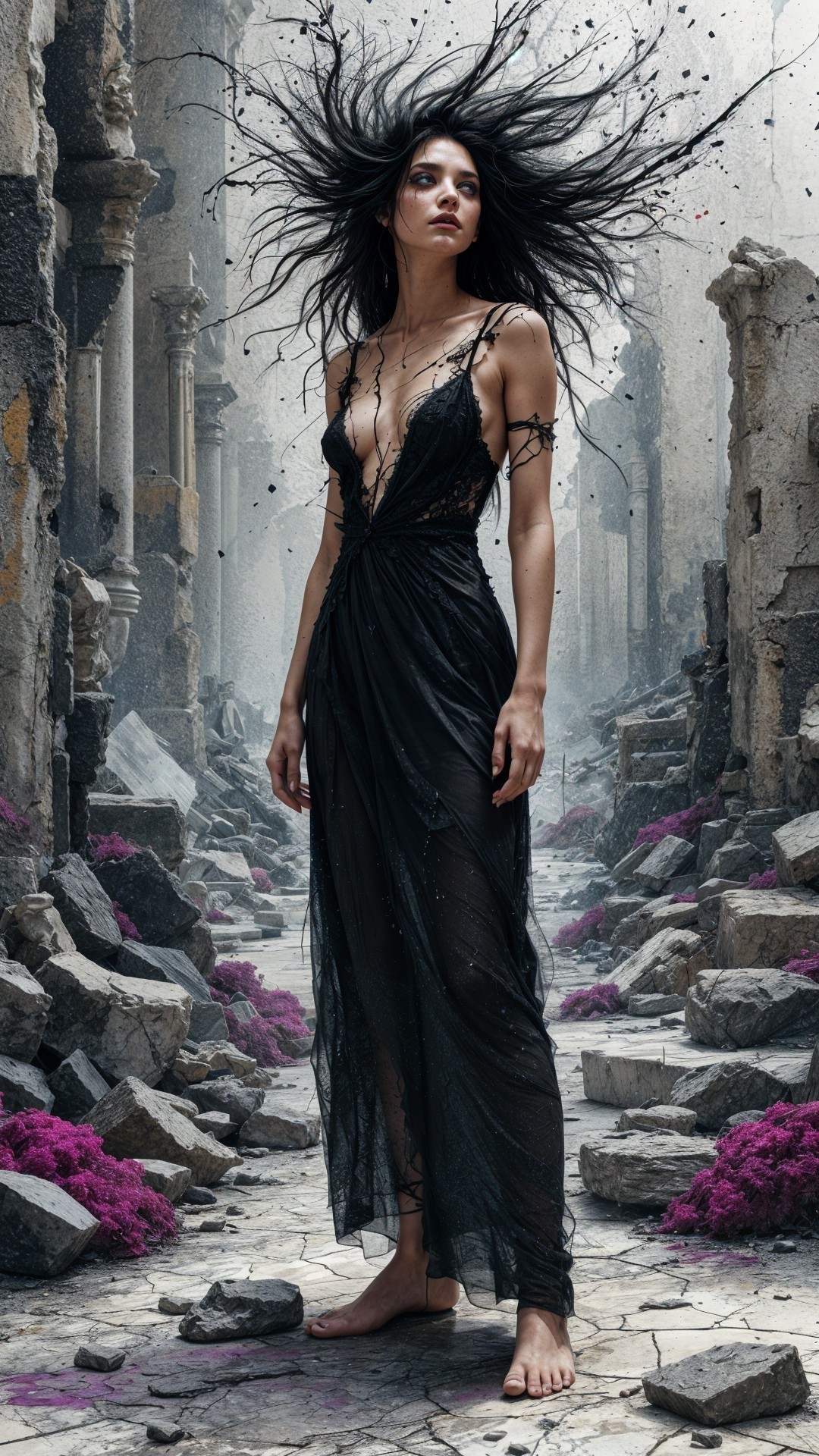 Woman in Black Gown Among Ancient Ruins and Flowers