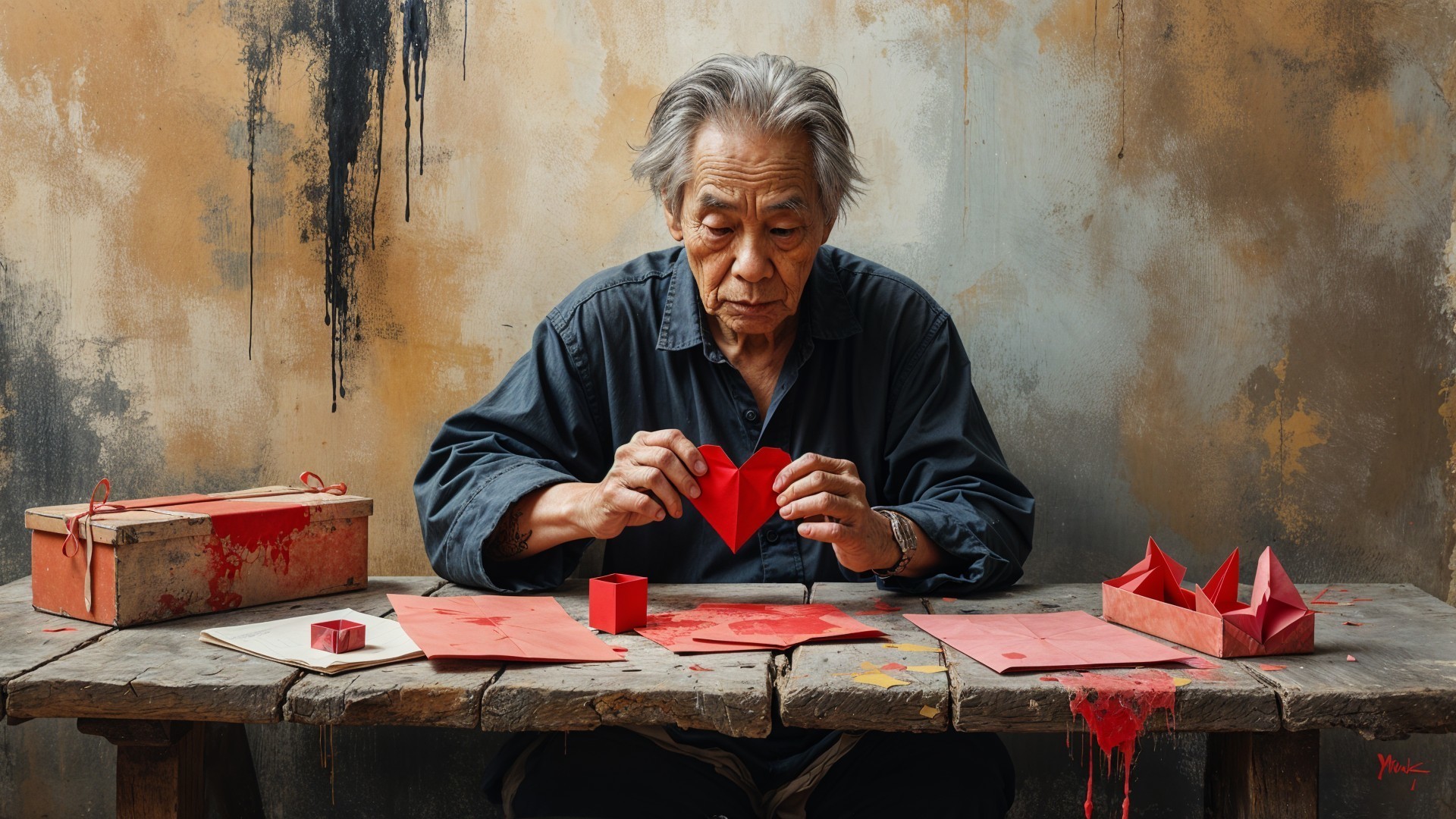Elderly Man Folding Red Paper Heart at Rustic Table