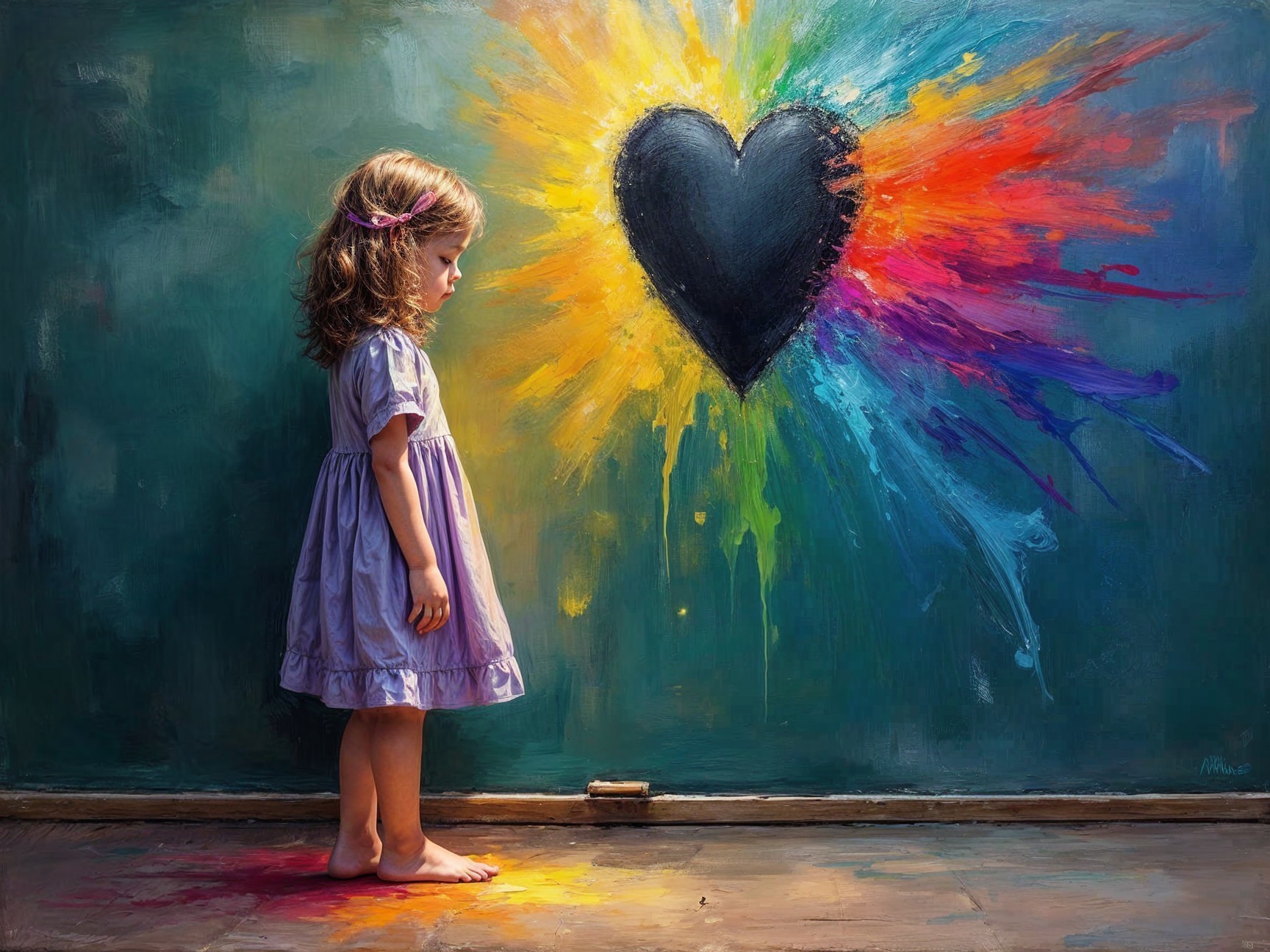 Young girl in purple dress by vibrant heart mural
