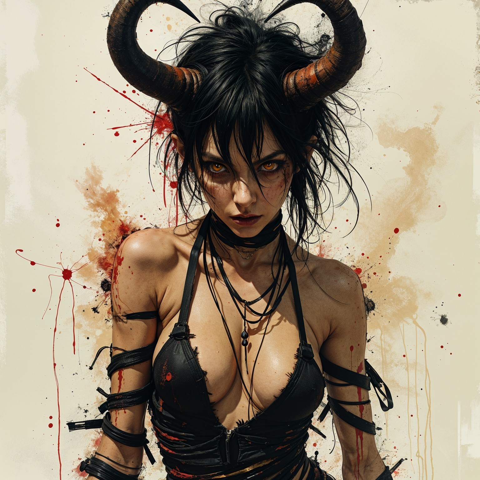 Fierce Character with Horns and Dramatic Background