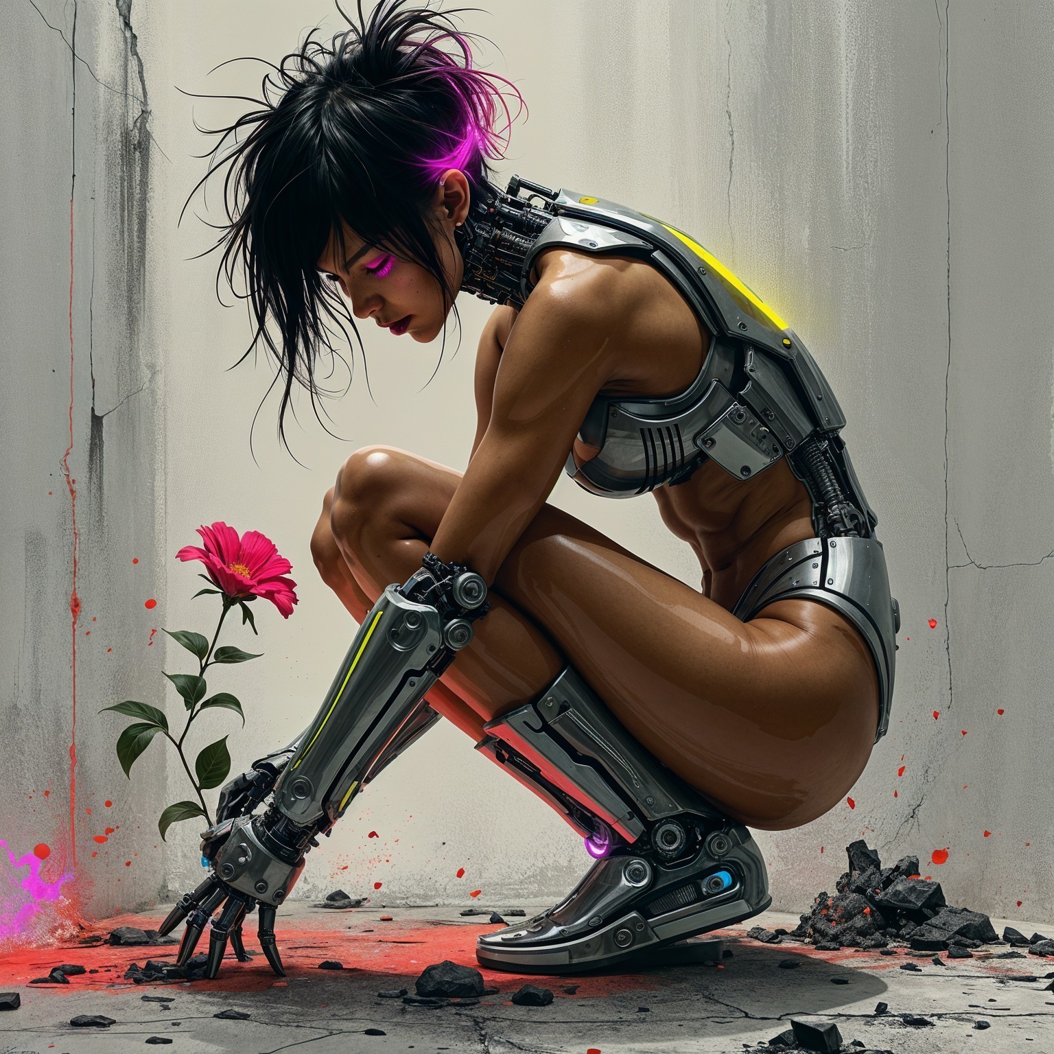 Futuristic Cybernetic Woman Examines Flower in Rubble