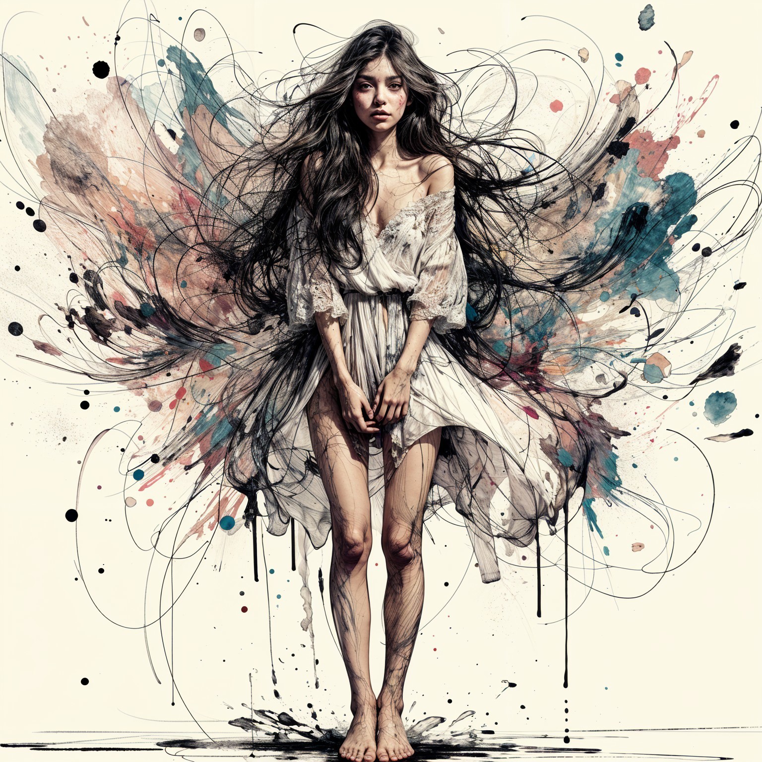 Young woman in white gown with vibrant abstract background