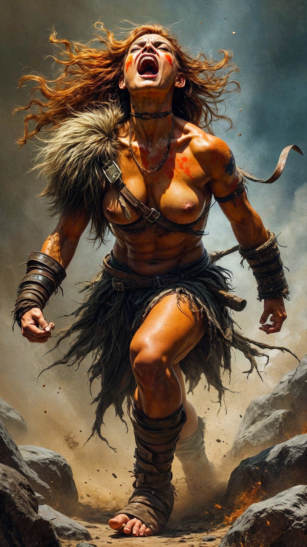 Fierce Warrior in Rocky Terrain with Tribal Adornments