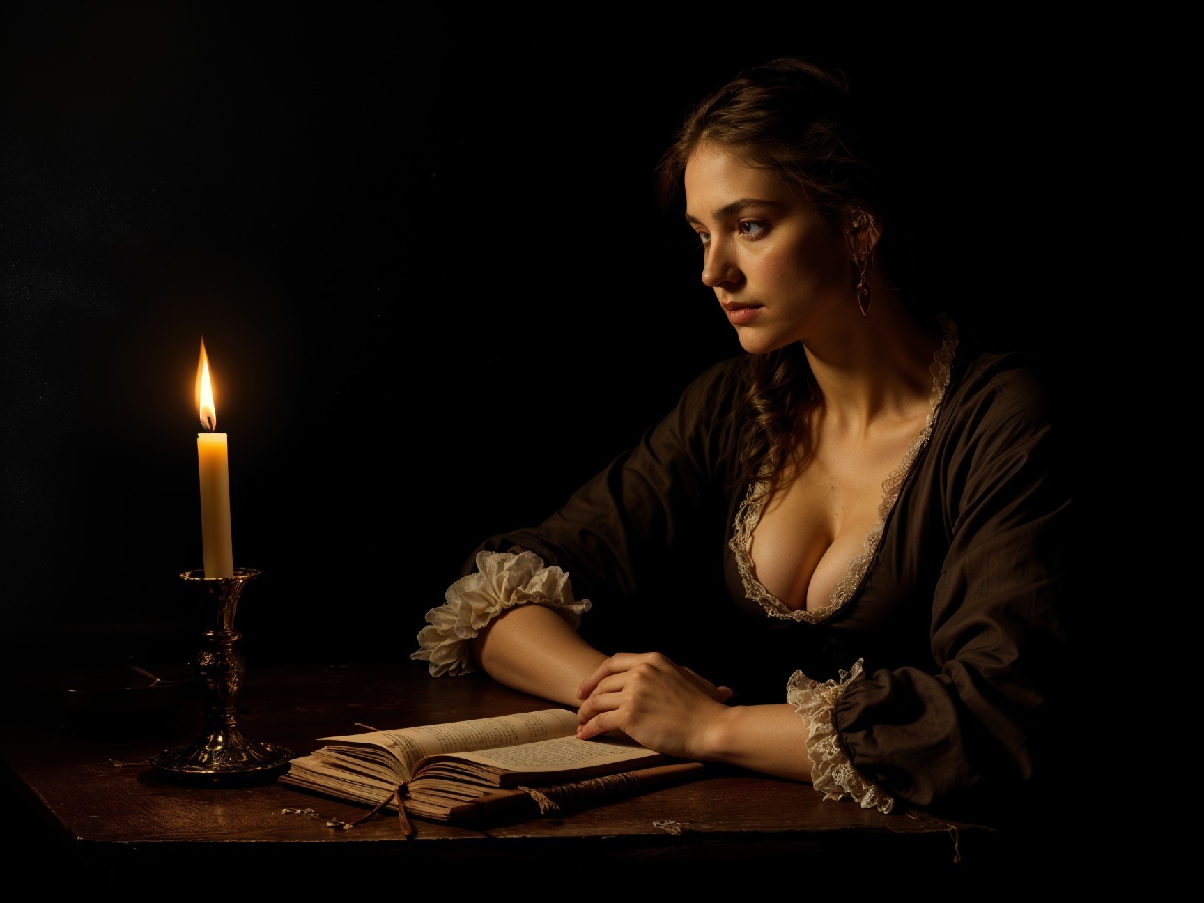 Young woman reading in dim candlelight at a table