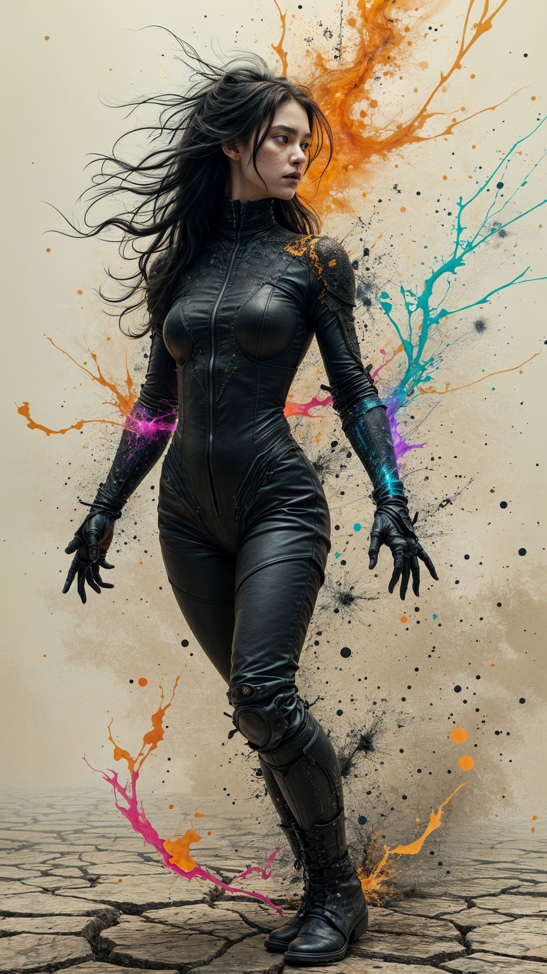 Fierce Female Figure in Black Suit Amidst Dystopian Scene