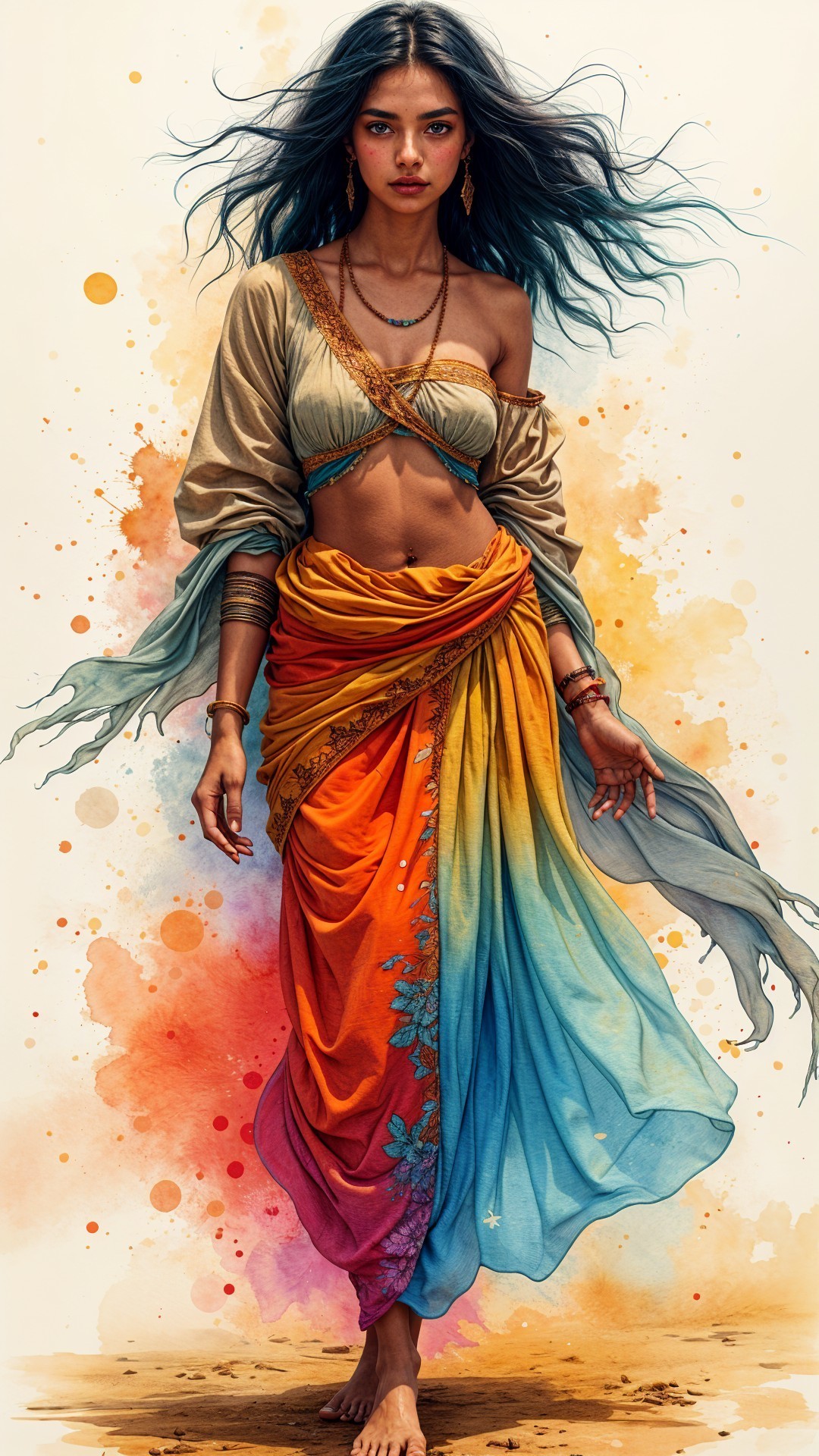 Young woman in vibrant saree with abstract background