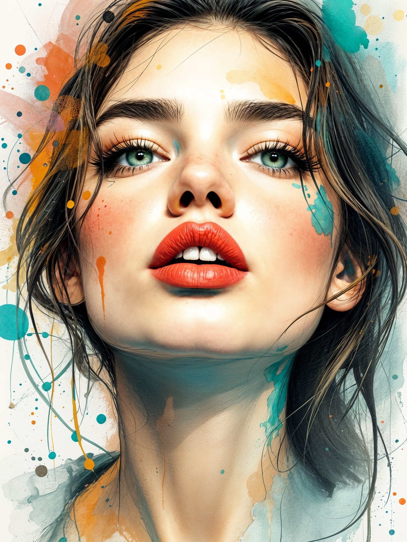 Portrait of a Young Woman with Green Eyes and Red Lips