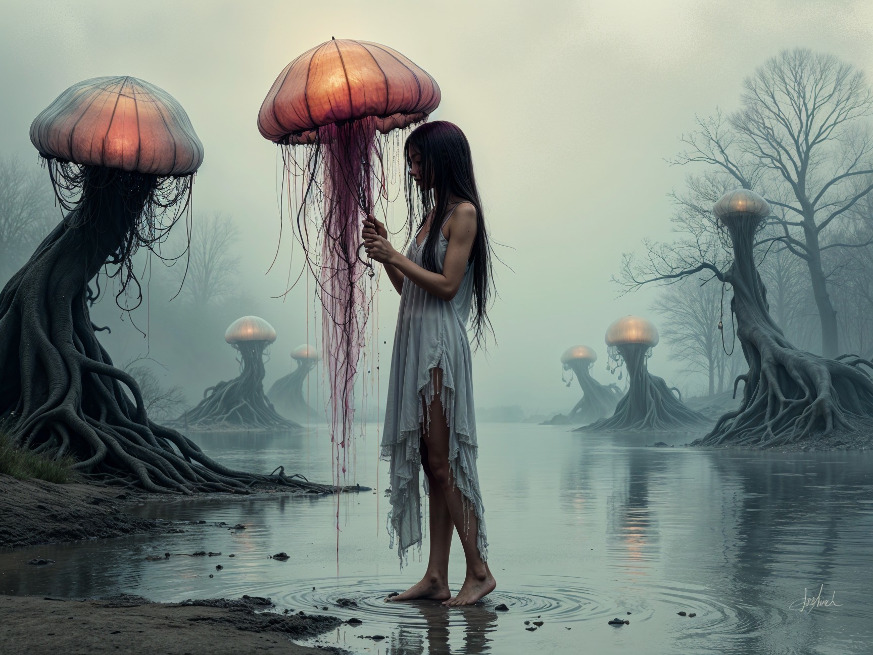 Young Woman with Glowing Jellyfish in Dreamlike Scene