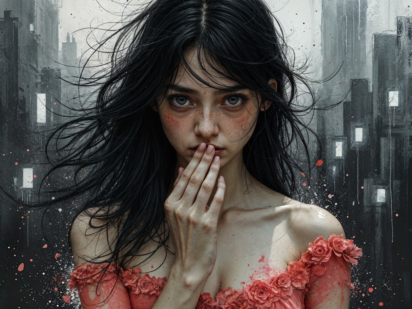 Young woman in off-shoulder dress in urban setting
