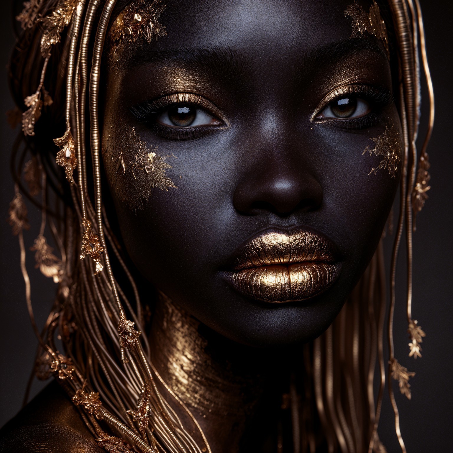Portrait of a model with golden accents and patterns