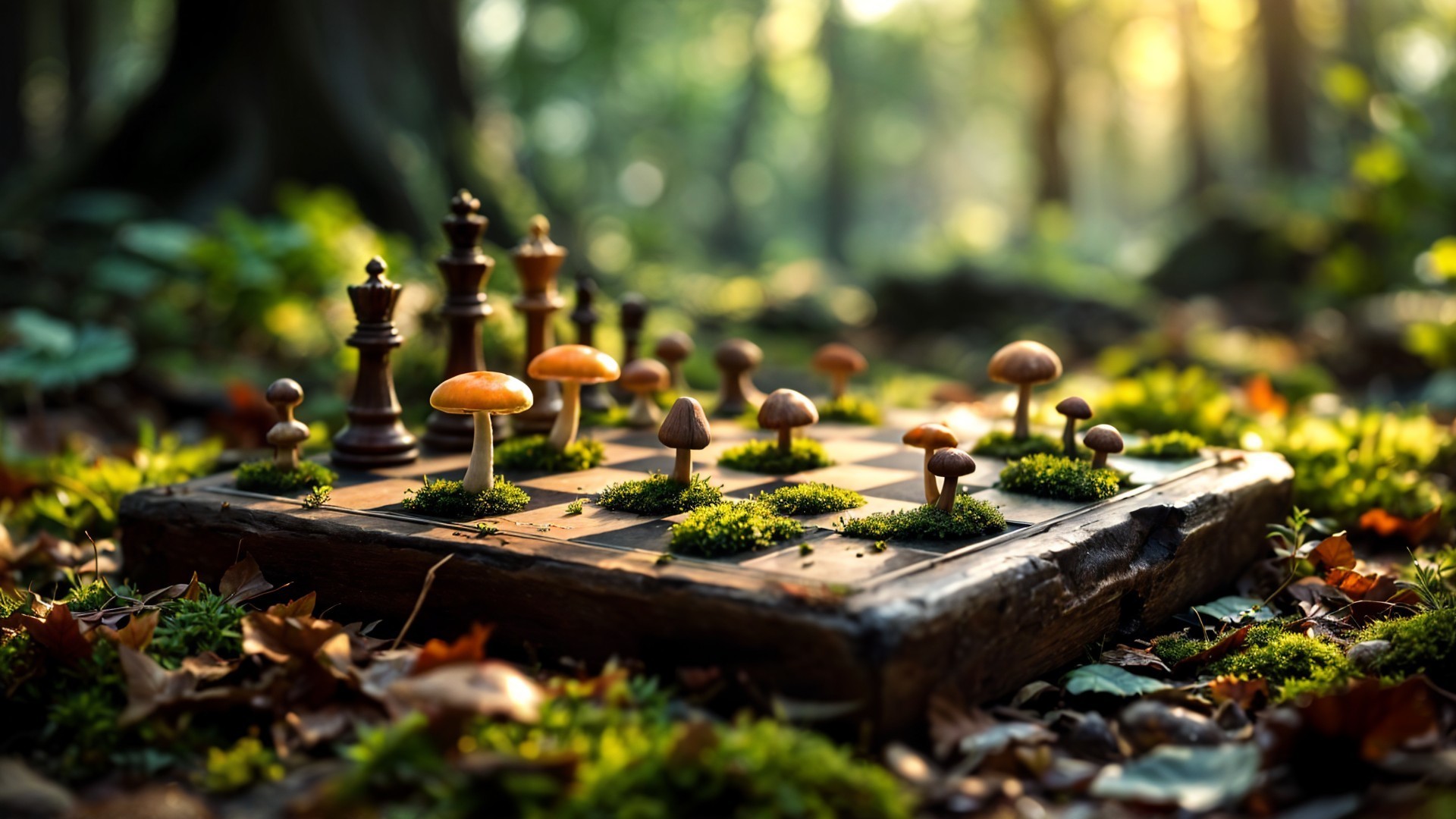 Whimsical Chessboard in a Forest Setting with Mushrooms