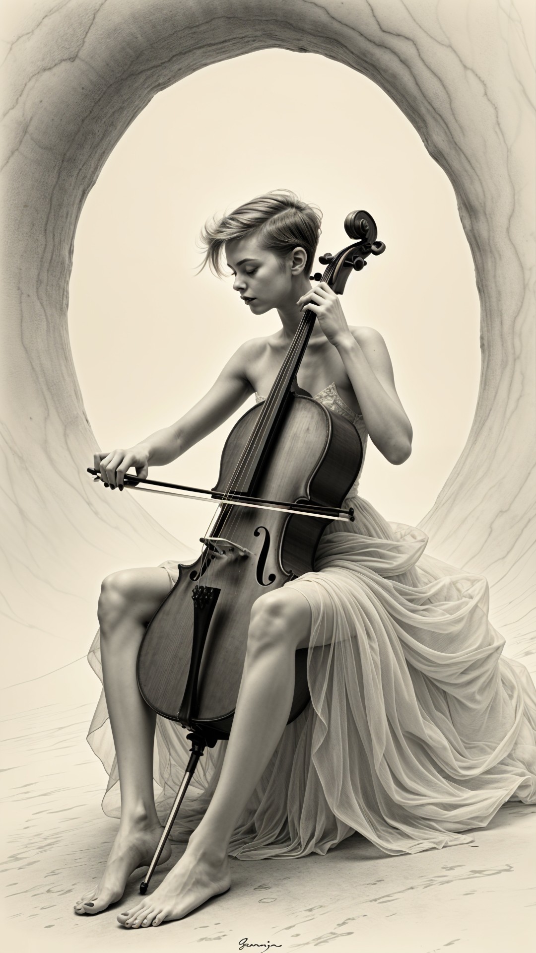 Graceful Figure Playing Cello in Ethereal Setting