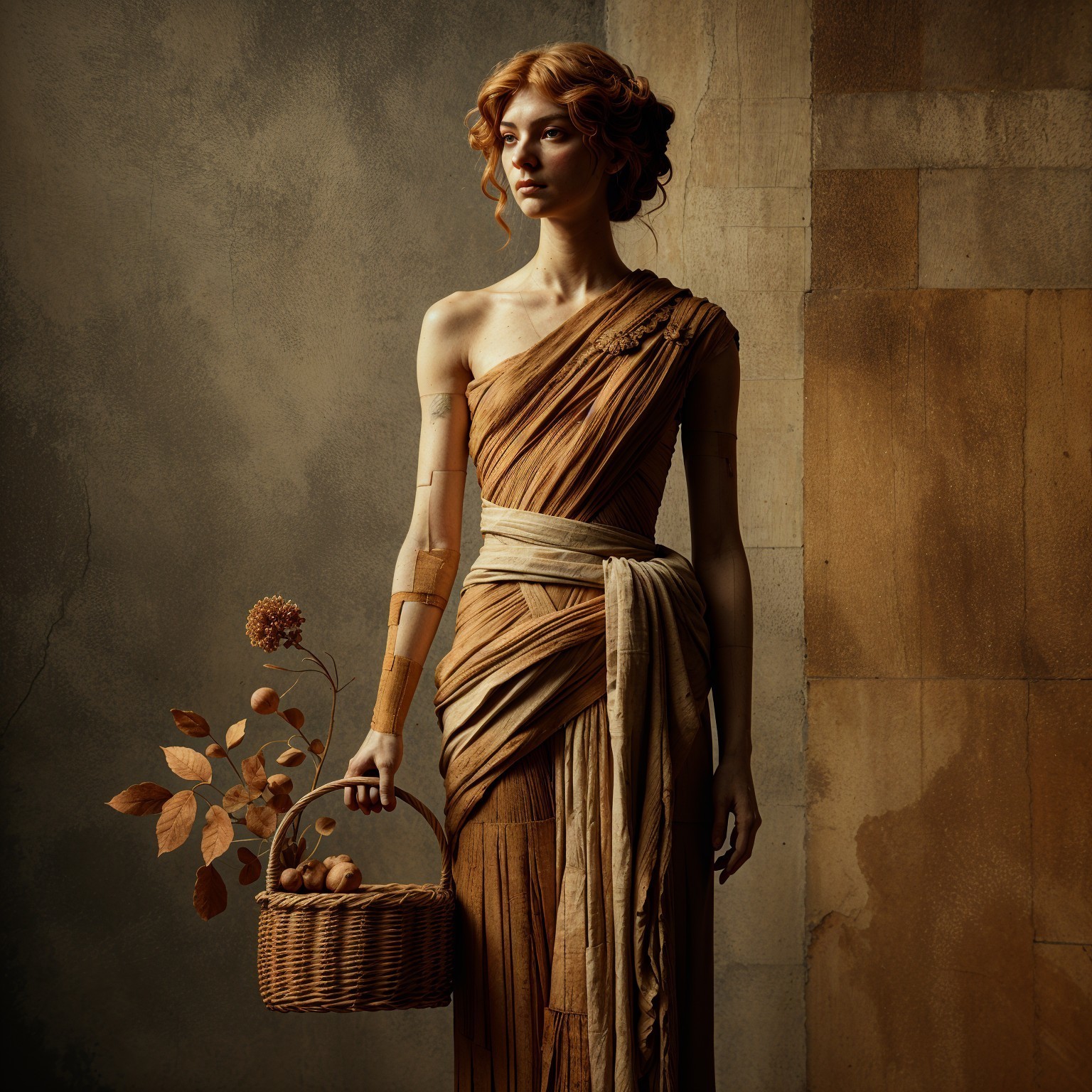 Statuesque Figure in Earthy Garment with Basket of Leaves