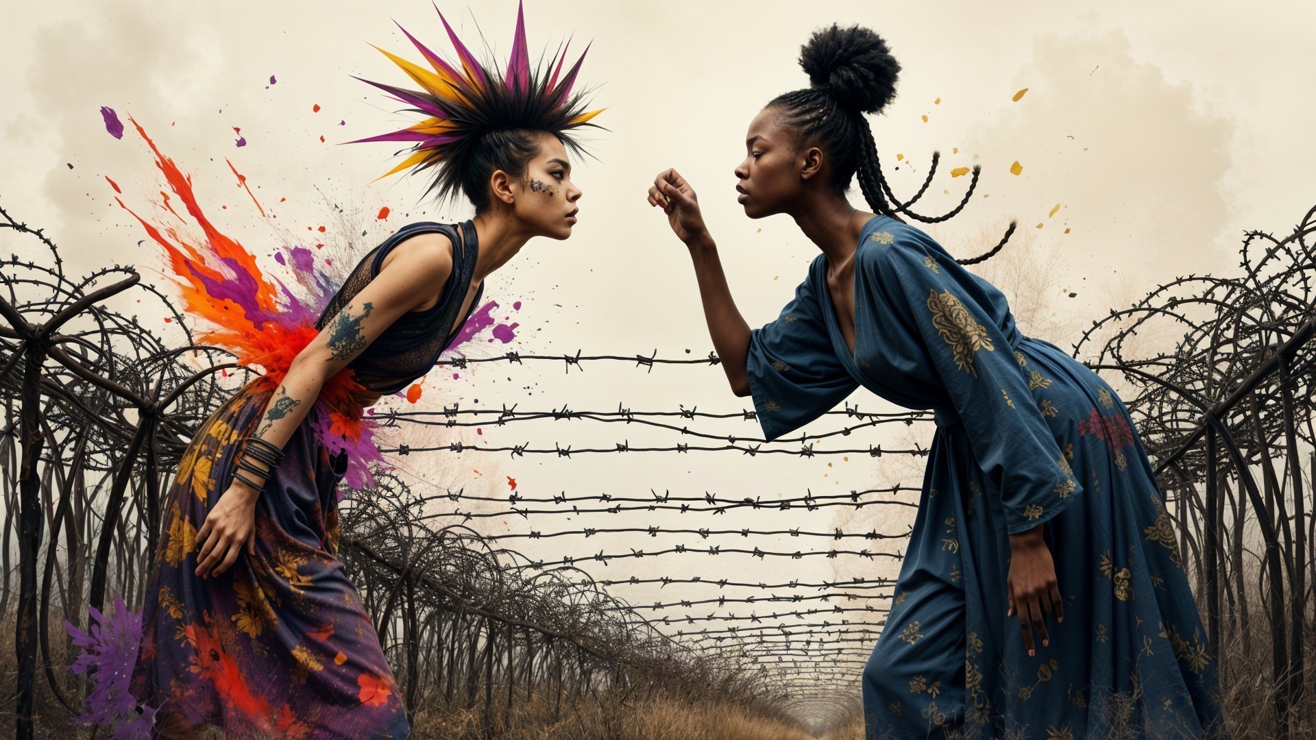 Dramatic Standoff Between Two Women in Barbed Wire Setting