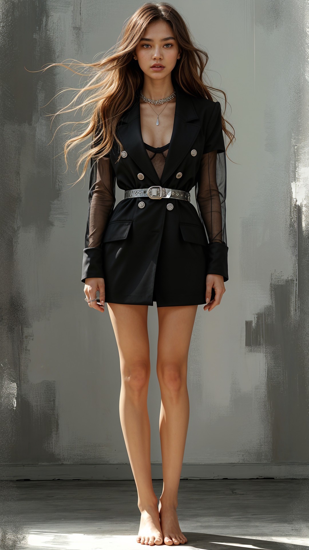 Chic Black Outfit with Sheer Sleeves and Belted Waist