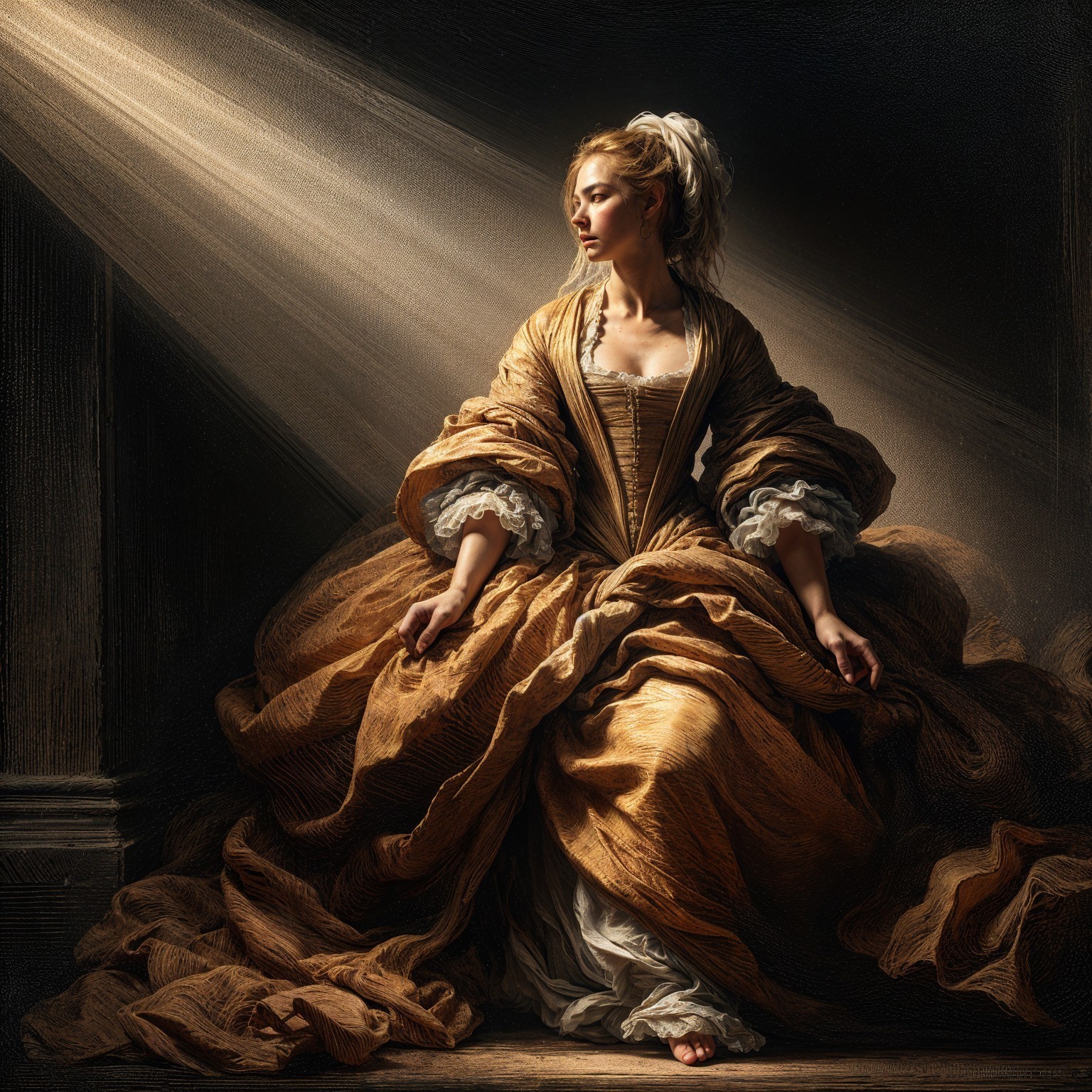 Woman in Golden-Brown Gown in Dimly Lit Room