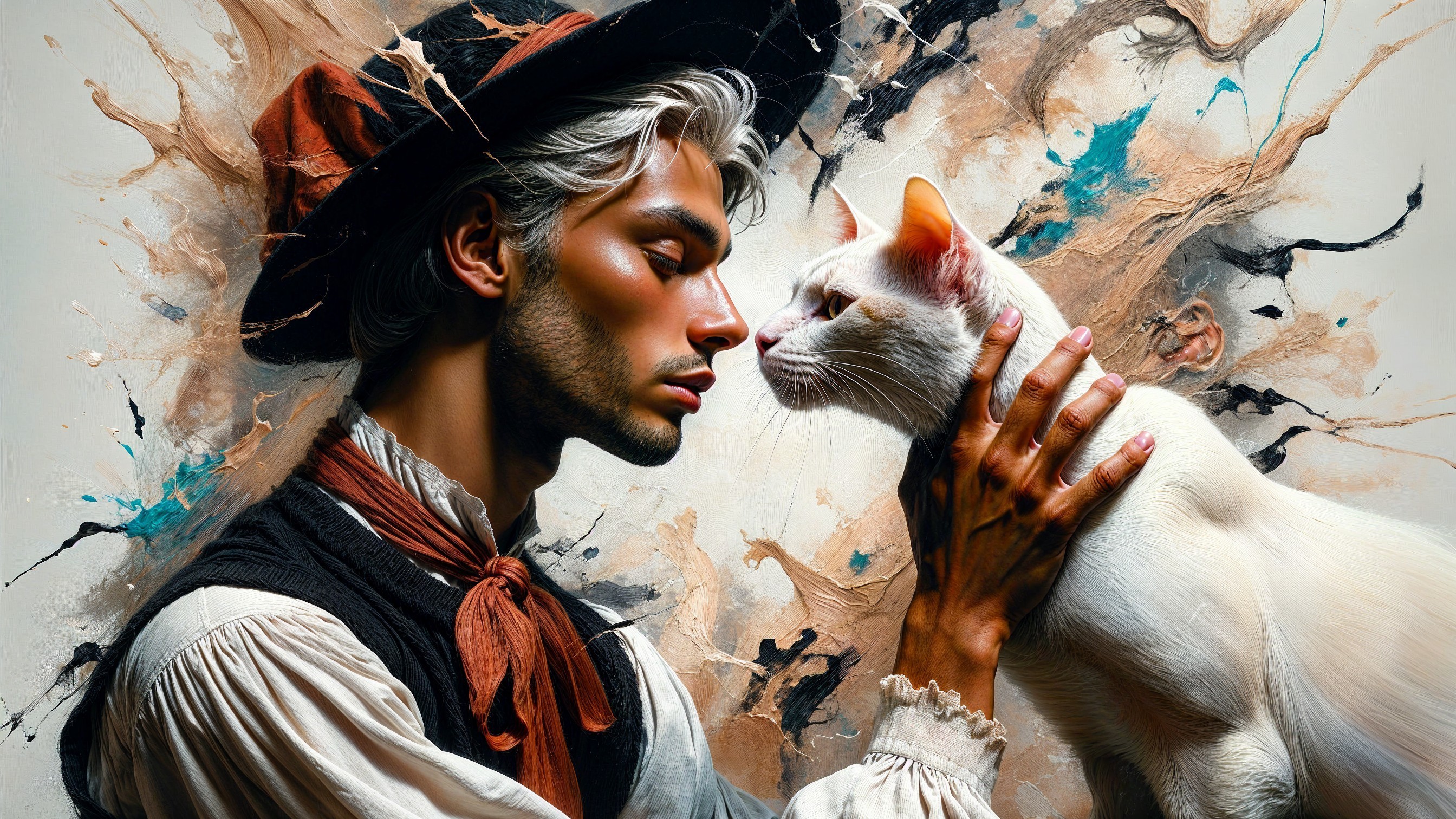 Vintage Man and White Cat Share a Moment of Connection