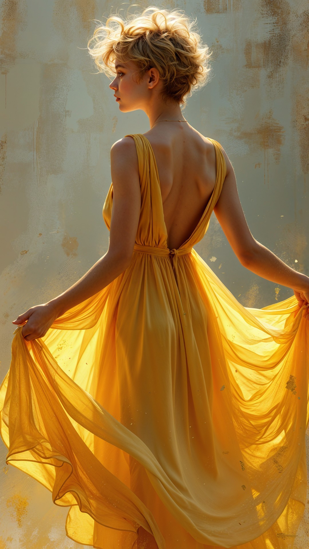 Graceful Woman in Flowing Yellow Dress with Curly Hair