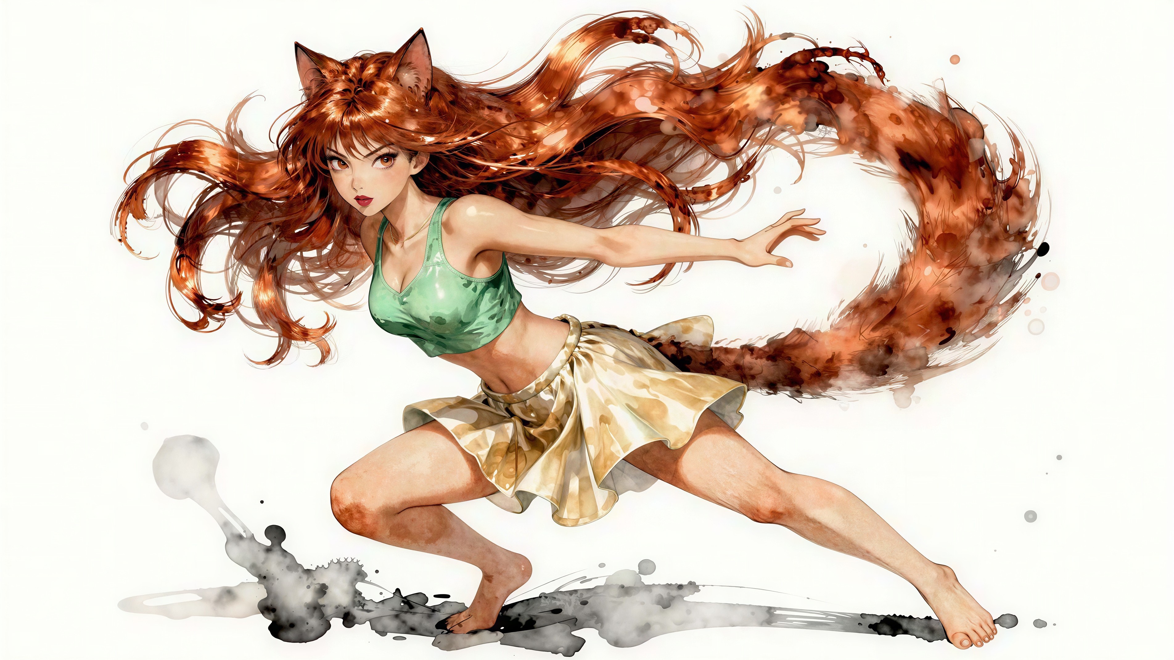 Dynamic Watercolor Anime Cat Girl Illustration Details
