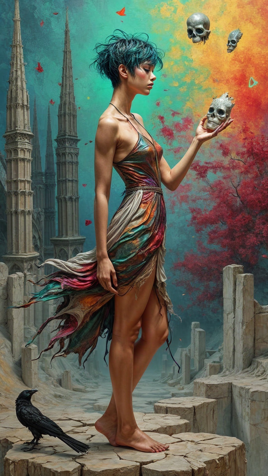 Mystical Woman with Skull in Surreal Landscape