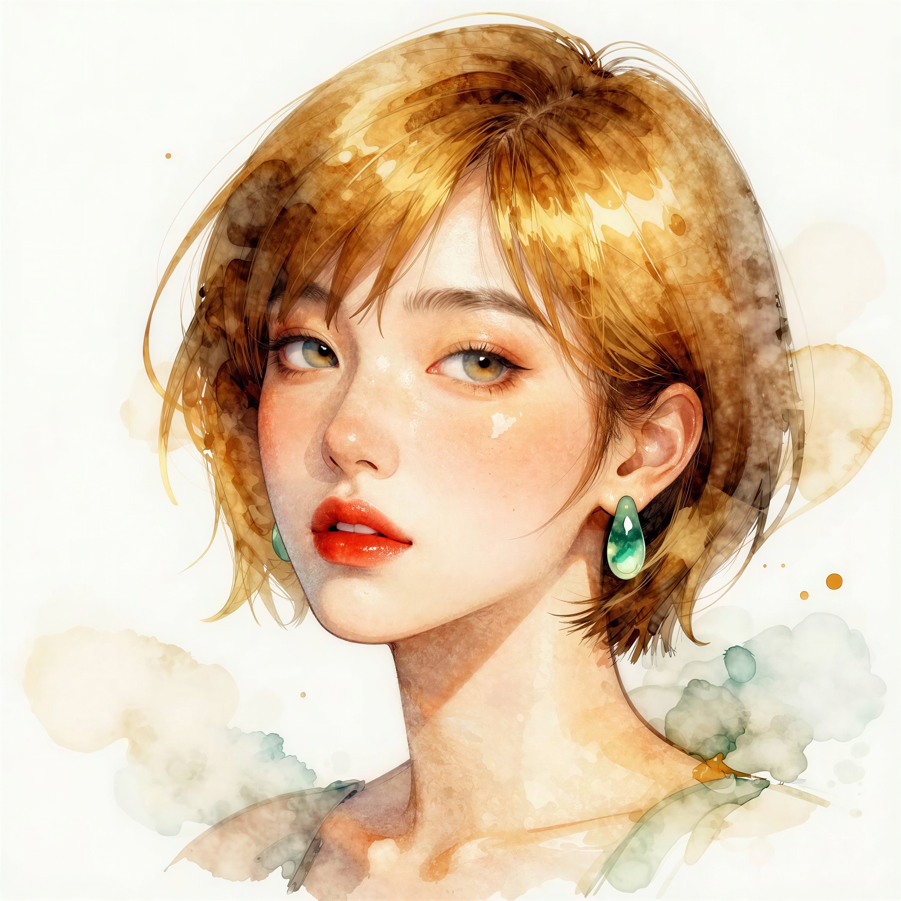 Watercolor Portrait of an Asian Woman with Bob Hairstyle