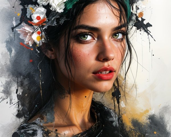 Portrait of a Young Woman with Green Eyes and Flowers