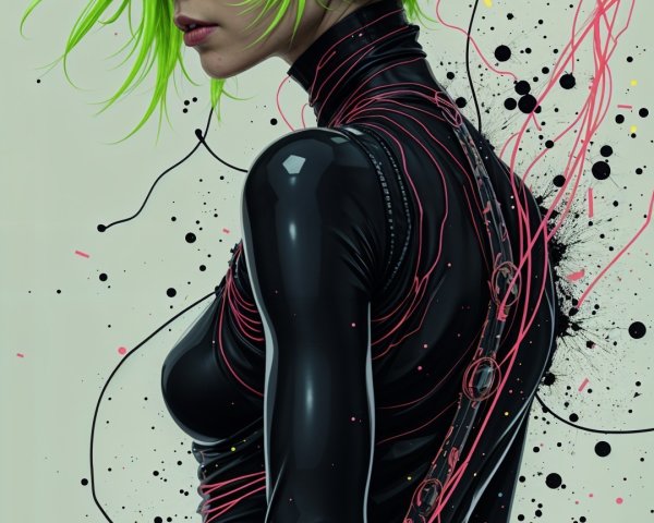 Futuristic figure with green spiky hair and headphones