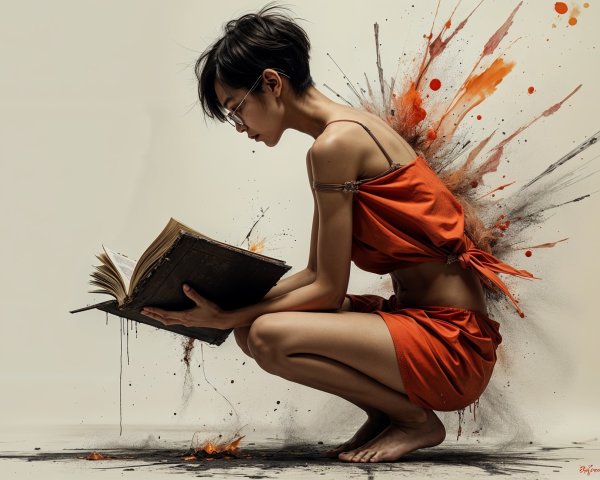 Young woman reading an old book in vibrant colors