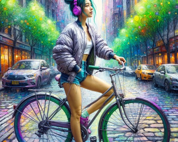 Stylish Young Woman with Teal Hair and Bicycle in City