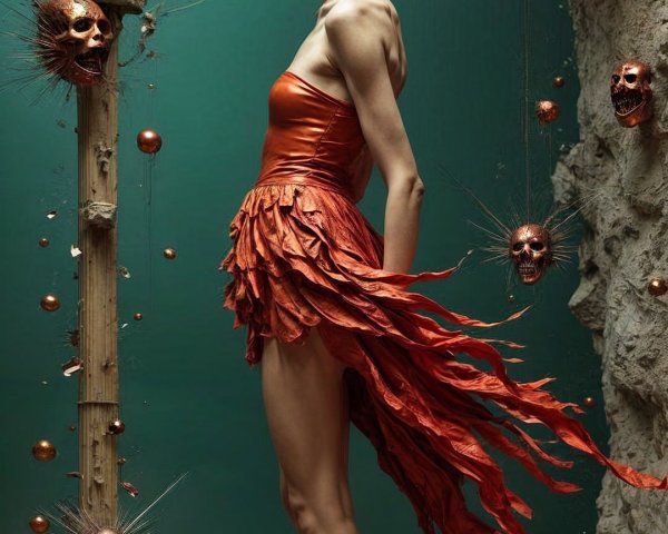 Surreal Figure in Orange Dress with Eerie Surroundings
