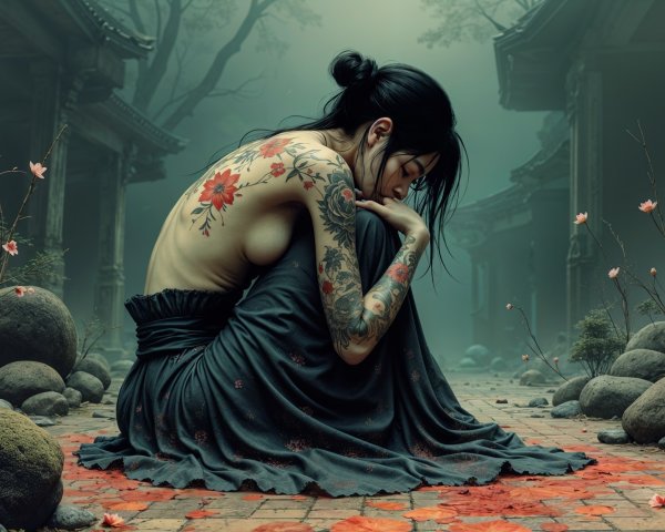 Contemplative Figure in Serene Misty Landscape
