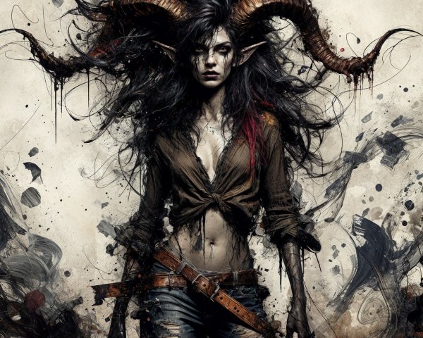 Fantasy Character with Dark Hair and Prominent Horns