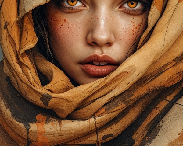 Portrait of a woman with patterned scarf and golden eyes