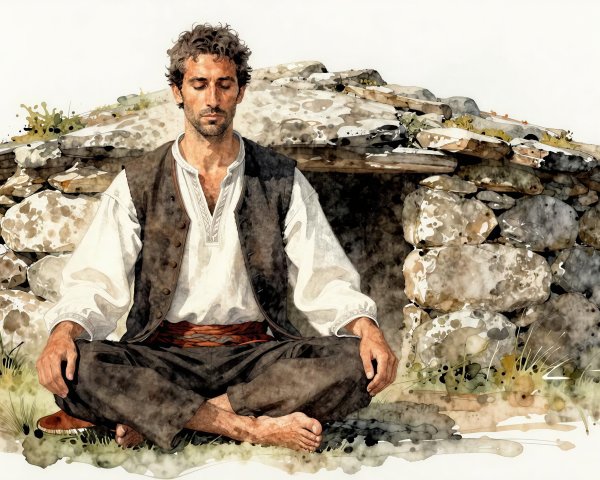 Watercolor Painting of a Meditating Man by a Stone Hut