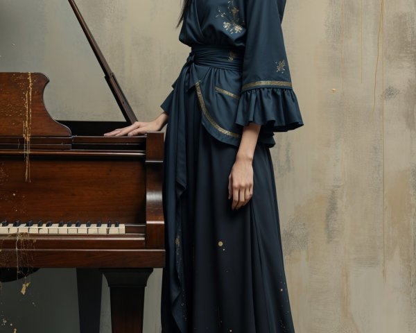 Elegant Woman in Dark Gown by Grand Piano