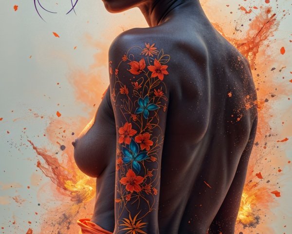 Woman with Purple Hair and Floral Tattoos in Fiery Background