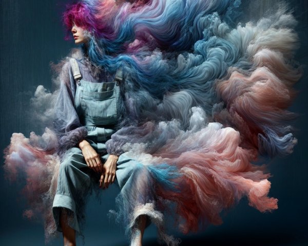 Serene figure with colorful flowing hair in vibrant hues