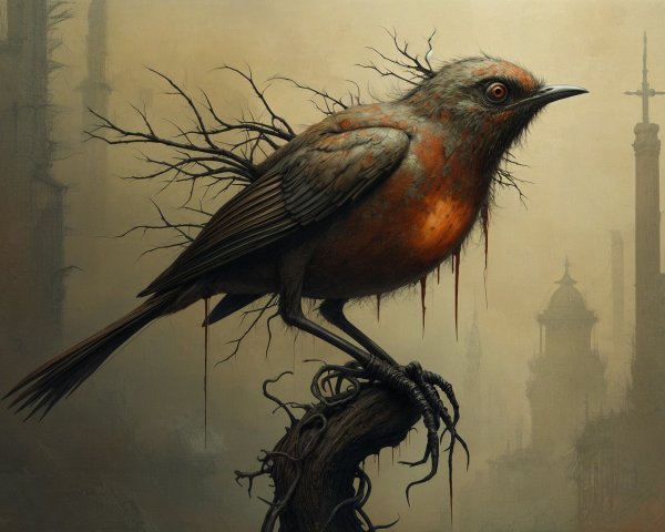 Surreal Bird on Twisted Branch in Dreamlike Scene