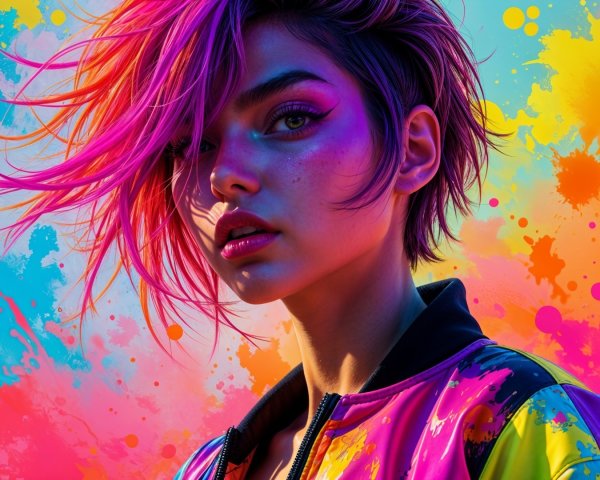 Portrait of a Young Woman with Pink Hair and Colorful Jacket