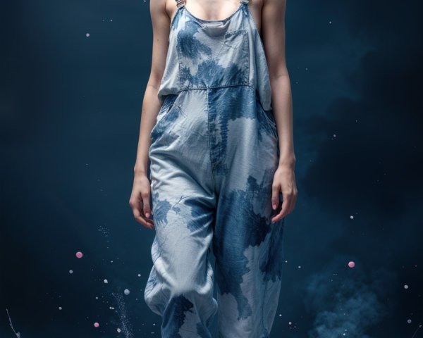 Model in Blue Tie-Dye Jumpsuit with Pink Paint Splashes