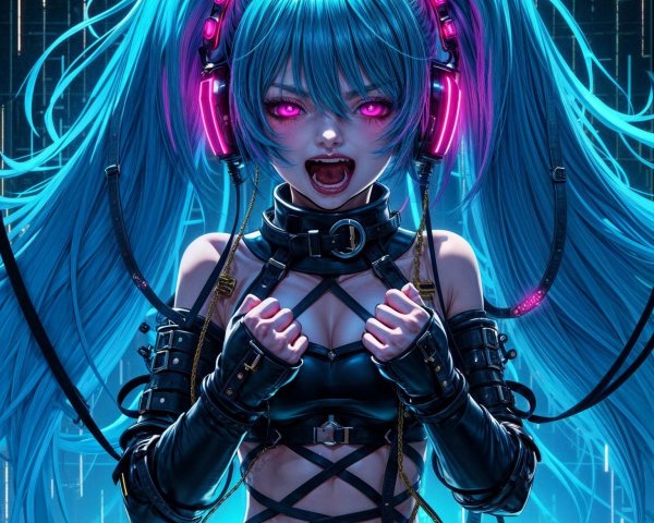 Character with Blue Hair and Pink Headphones in Futuristic Setting