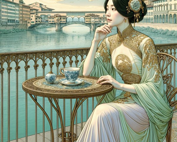 Serene Woman in Traditional Gown by Picturesque River